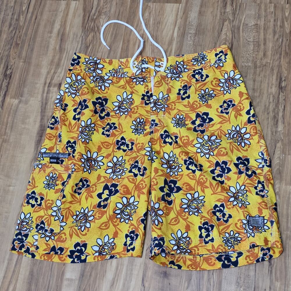 North Shore Surf Hawaii Men’s Board Shorts Size 32 Yellow Floral Hawaiian Swim T